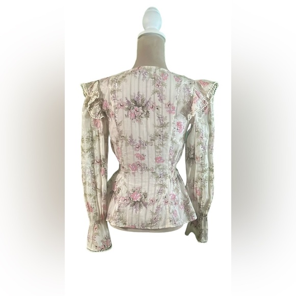 ASOS Pink and Cream Peplum Blouse with Bishop Sleeves - Picture 2 of 9